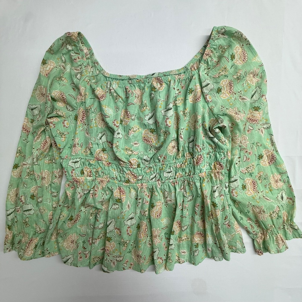 Torrid Size 1 Mint Green Floral Peplum Blouse‎ Cottagecore Boho Cotton